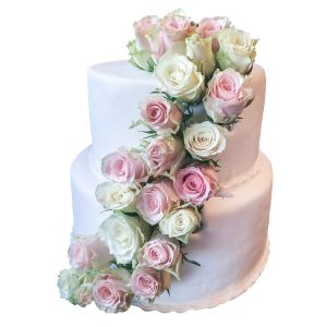 Hochzeitstorte zweistöckig klassisch mit Rosengirlande