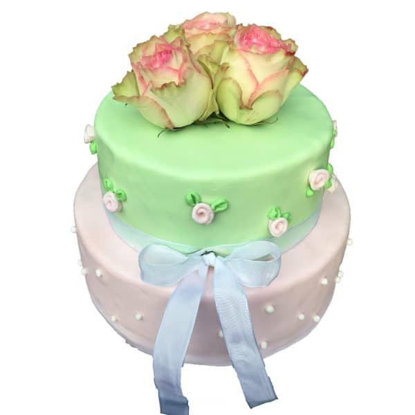 Hochzeitstorte zweistöckig mit Rosen und Schleife