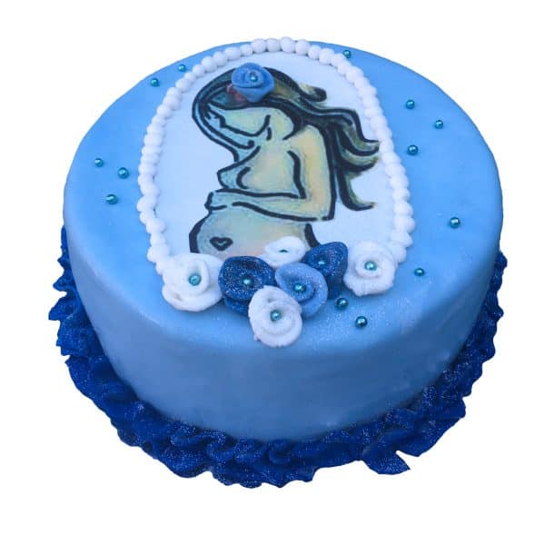 Torte Schwangerschaft / Baby mit stilisiertem Schwangerschaftsbild (essbar) und Blüten