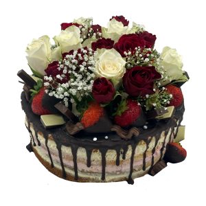 Hochzeitstorte naked Schokolade, Erdbeeren, weiße und rote Rosen