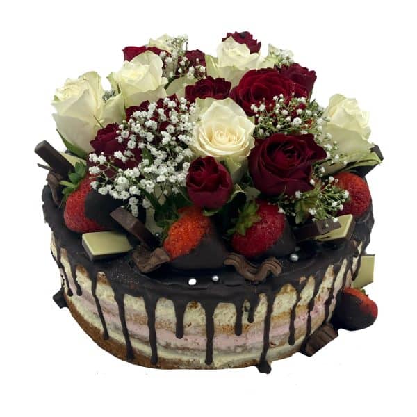 Hochzeitstorte naked Schokolade, Erdbeeren, weiße und rote Rosen