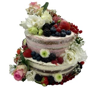Hochzeitstorte zweistöckig naked mit Blumen und Beeren