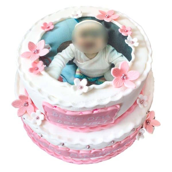 Zweistöckige Kommunionstorte mit Bild, rosa und weißen Blütenverzierungen