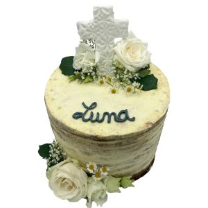Runde Kommunionstorte naked Cake mit weißem Kreuz und weißer Rose