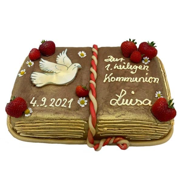 Kommunionstorte "Buch" mit Taube, Gänseblümchen und Erdbeeren