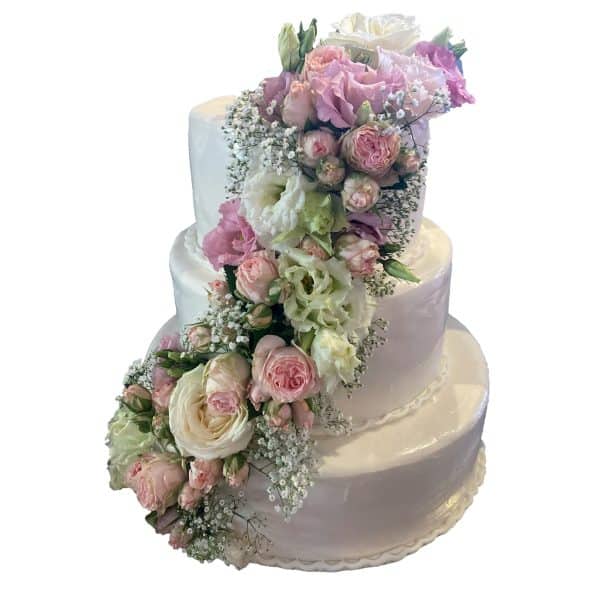 Hochzeitstorte dreistöckig weiß mit Blumengirlande