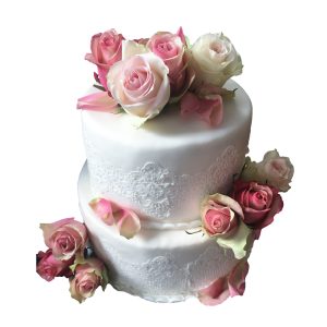 Hochzeitstorte zweistöckig mit Rosen und Spitzenbordüre