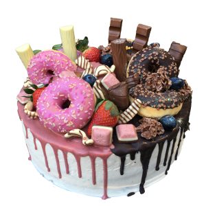 Naked Cake 26cm 12 Stücke Kuchen doppelte Höhe mit Donuts, Duplo und Kinderschokolade