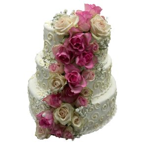 Hochzeitstorte dreistöckig mit Rosengirlande und Verzierungen am Rand