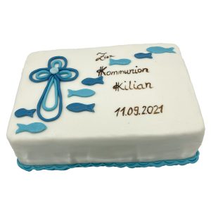 Rechteckige Kommunionstorte Fondant mit Fischen und blauem Kreuz