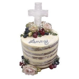 Kommunionstorte naked Cake höher gefüllt mit Kreuz, Blumen und Beeren