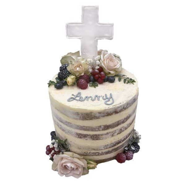 Kommunionstorte naked Cake höher gefüllt mit Kreuz, Blumen und Beeren