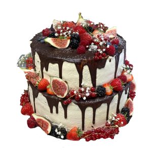 Hochzeitstorte zweistöckig naked mit Schokoladenüberzug, Feigen, Beeren und Schleierkraut