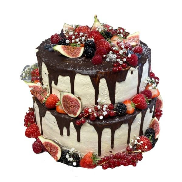 Hochzeitstorte zweistöckig naked mit Schokoladenüberzug, Feigen, Beeren und Schleierkraut