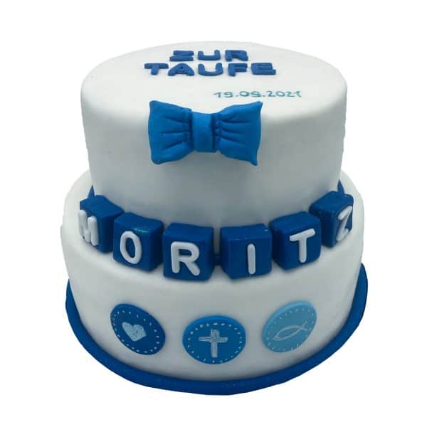 Tauftorte zweistöckig mit Namenswürfeln, Schleife und Symbolen