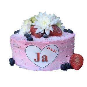 Hochzeitstorte naked pink "JA" Erdbeeren und Blumen