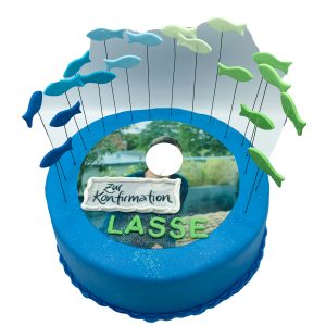 Runde Kommunionstorte Fondant mit Bild und schwebenden Fischen