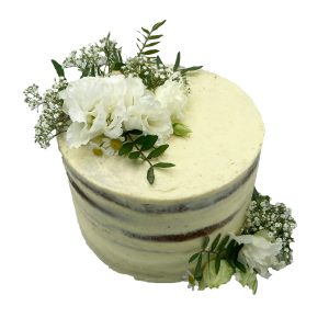 Naked Cake 20cm höher gefüllt 12 Stücke Kuchen mit weißen Blüten und Schleierkraut