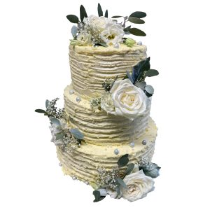 Hochzeitstorte dreistöckig naked Wellenmuster Buttercreme mit großen Rosen und Perlenverzierung