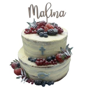 Tauftorte zweistöckig naked Cake mit Beeren und Fisch und Kreuz