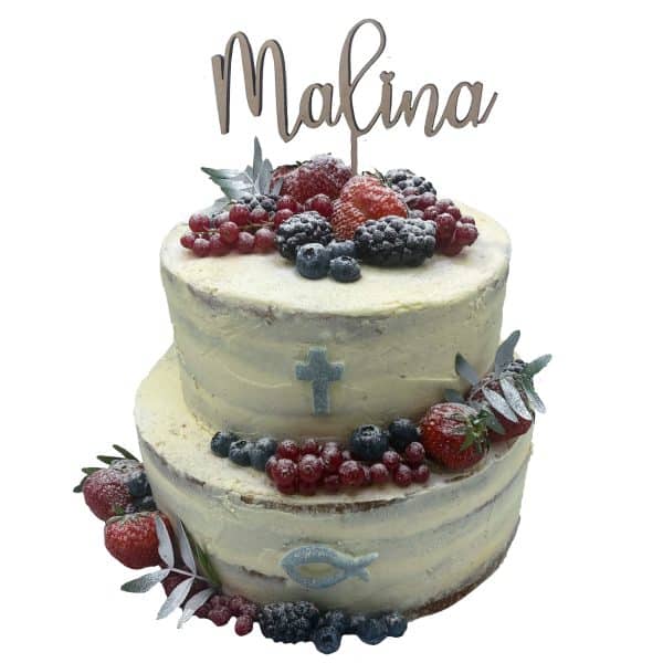 Tauftorte zweistöckig naked Cake mit Beeren und Fisch und Kreuz