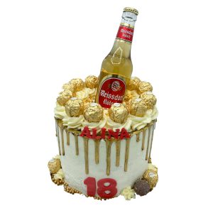 Naked Cake "Kölsch" 20cm doppelte Höhe nur Buttercreme 12 Stücke Kuchen mit Kölschflasche und Rocher-Kugeln