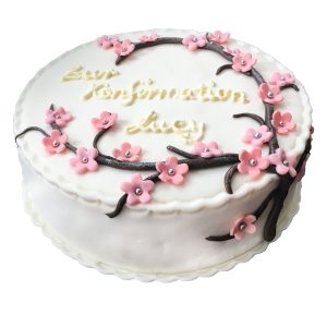 Runde Torte "Blumenranken" mit Zweigen und Blumen aus Fondant