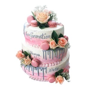 Dreistöckige naked Torte "Rosenkind" mit Blumendekor und (rosa) Macarons