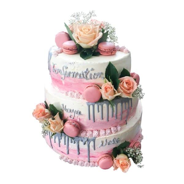 Dreistöckige naked Torte "Rosenkind" mit Blumendekor und (rosa) Macarons