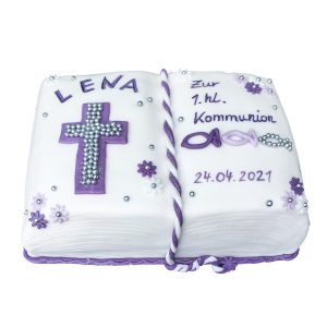 Buch Torte mit Perlenkreuz, Fischen und Lesezeichen aus Fondant
