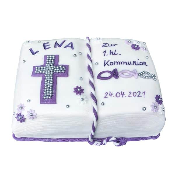 Buch Torte mit Perlenkreuz, Fischen und Lesezeichen aus Fondant