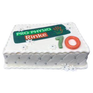 Rechteckige Torte Firma Physio mit weißen Blumen