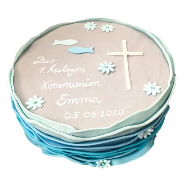 Torte 26cm "Stofffalten" mit Blumenverzierungen, Kreuz und Fischen