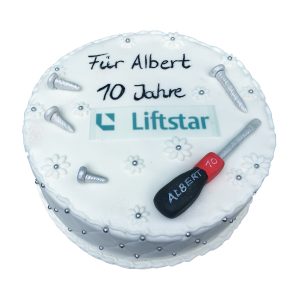 Runde Firmentorte mit Schrauben und Schraubenzieher