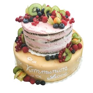 Kommunionstorte zweistöckig naked (oben) / Marzipan (unten) mit frischem Obst