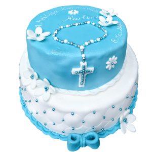 Zweistöckige Torte "blauer Rosenkranz" mit Perlendekor und Blüten