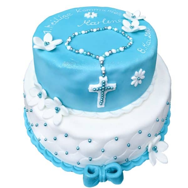 Zweistöckige Torte "blauer Rosenkranz" mit Perlendekor und Blüten