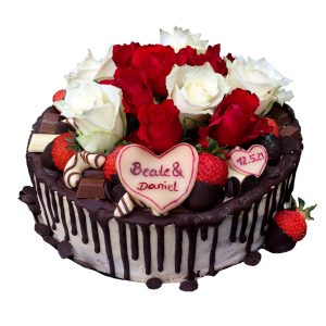 Hochzeitstorte naked Buttercreme mit weiße und roten Rosen, Erdbeeren und Schokolade