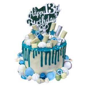 Naked Cake "Blau" 20cm Doppelte Höhe nur Buttercreme 12 Stücke Kuchen mit blauen Süßigkeiten und weißer Schokolade