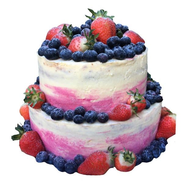 Hochzeitstorte zweistöckig naked mit Blaubeeren und Erdbeeren