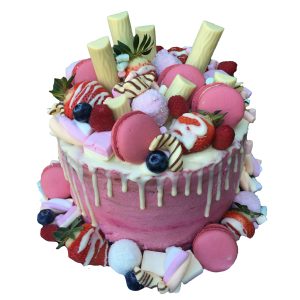 Naked Cake 20cm nur Buttercreme doppelte Höhe 12 Stücke Kuchen mit Macarons, Erdbeeren und weißen Duplos