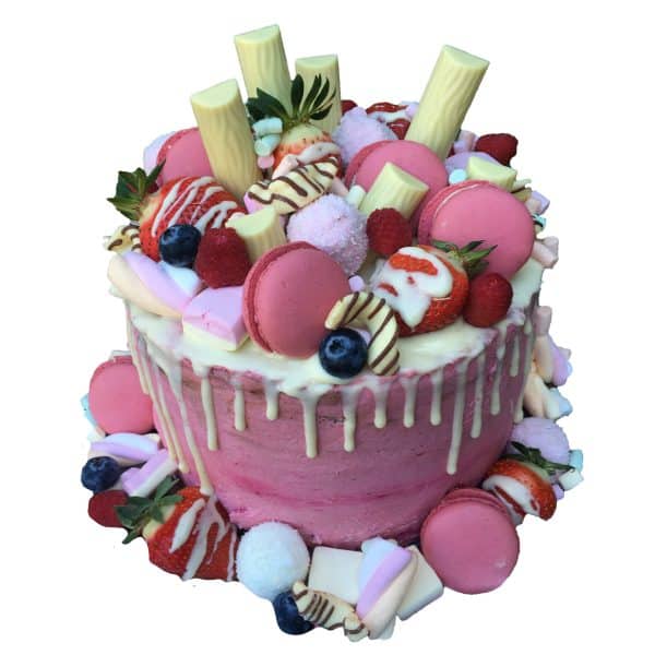 Naked Cake 20cm nur Buttercreme doppelte Höhe 12 Stücke Kuchen mit Macarons, Erdbeeren und weißen Duplos