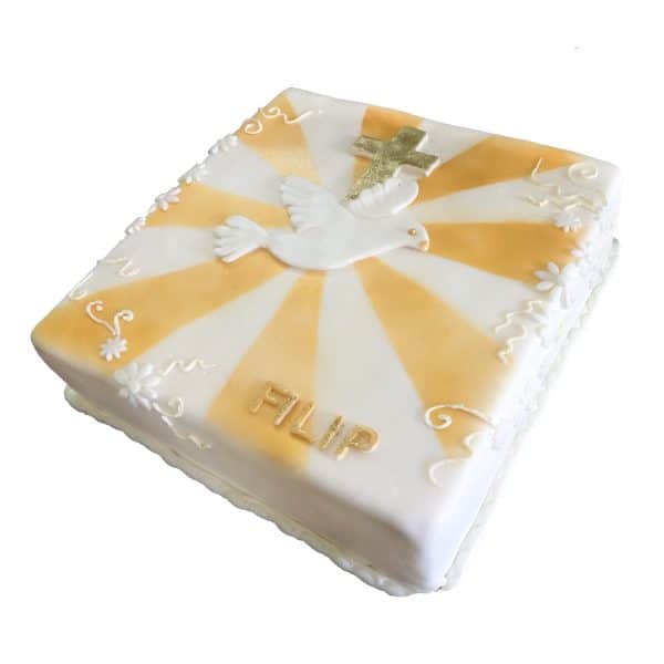 Quadratische Torte mit Kreuz, Taube aus Fondant, Sonnenstrahlen