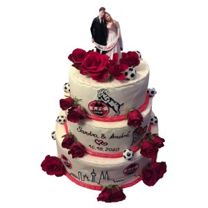 Hochzeitstorte "Köln" mit Fußbällen und roten Rosen