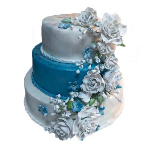 Hochzeitstorte dreistöckig weiß & blau mit essbarer Blumengirlande aus Fondant