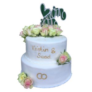 Hochzeitstorte zweistöckig mit Rosen und Ring-Verzierung