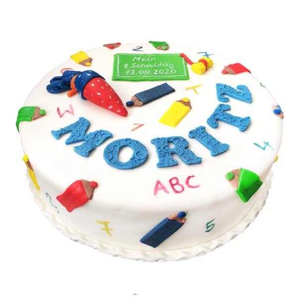 Torte rund für Schrift mit Tafel, Schwamm, Stiften und Schultüte