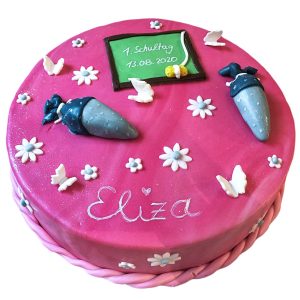 Torte Mädchen pink mit Tafel und zwei kleinen Schultüten