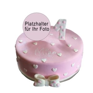 Torte Kindergeburtstag rosa Cartoon mit Schleife, Zahl und Herzchen