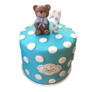 Torte Kindergeburtstag blau mit Punkten, Zahl und Bärchen-Figur